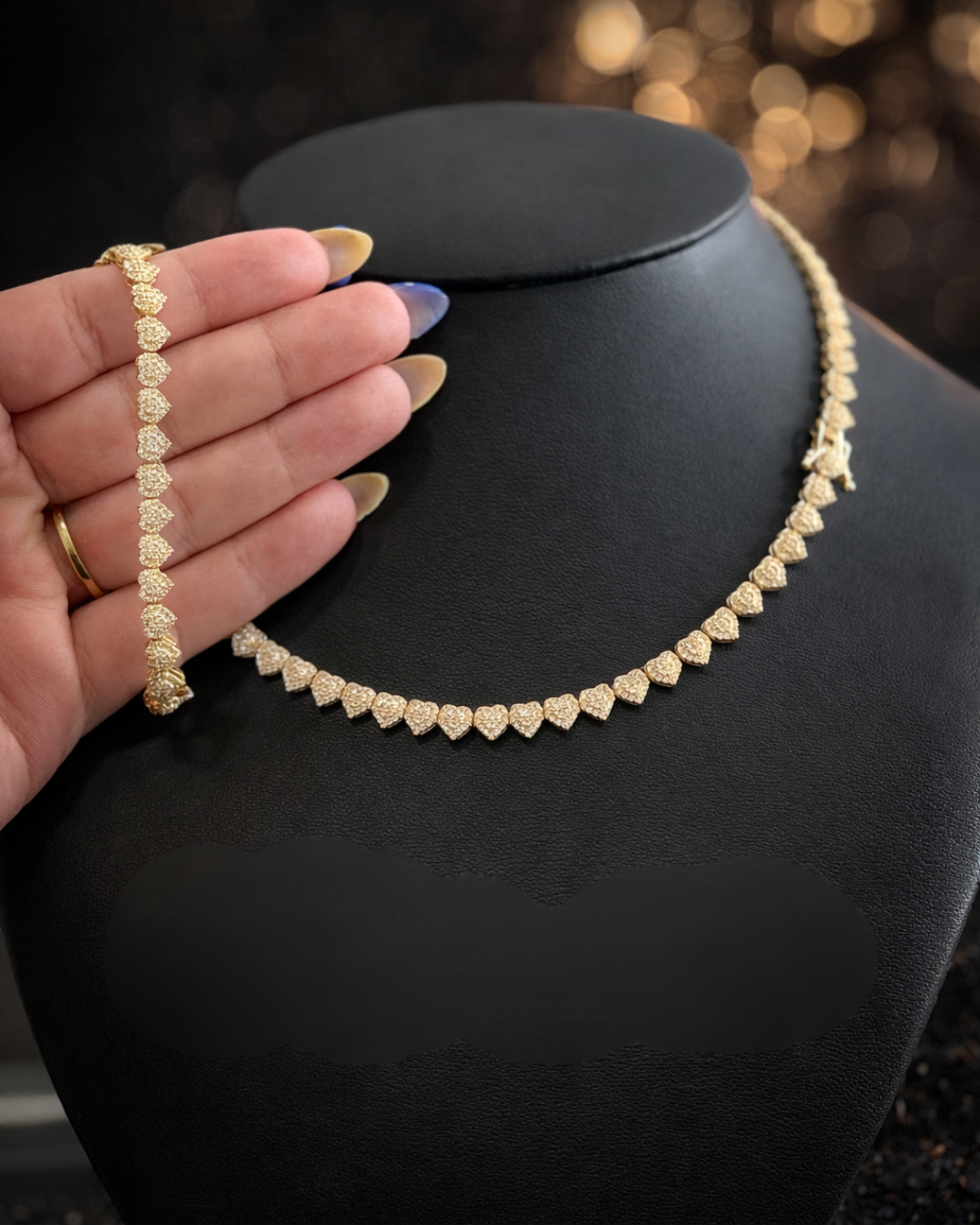 Set de Cadena y Pulsera de Corazones en Oro 10k