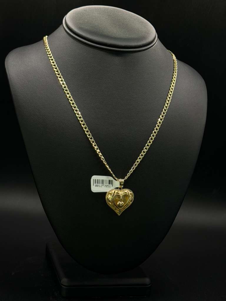 Set de Cadena y Dije de Corazón Labrado en Oro 14kt
