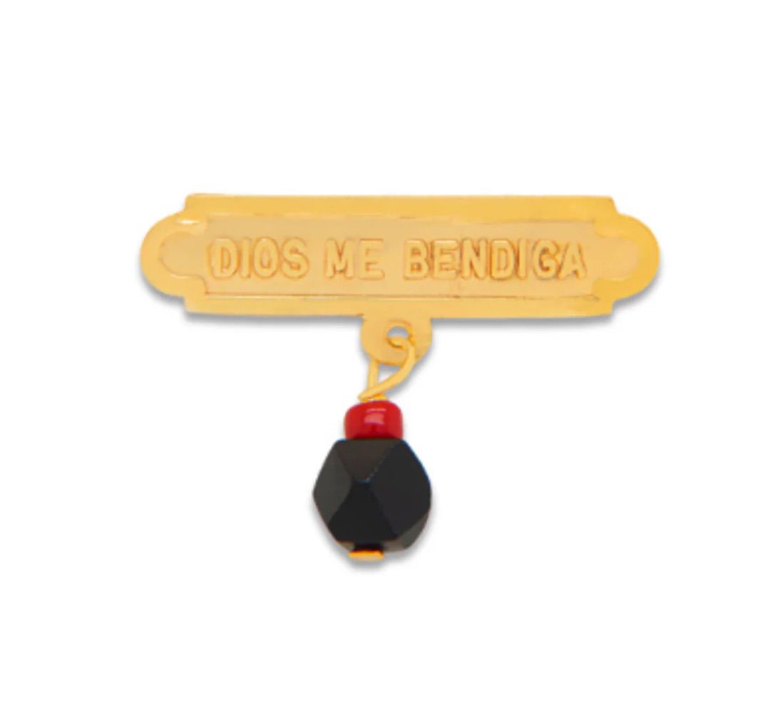 Pin de Bebé "Dios Me Bendiga" con Azabache en Oro 14kt