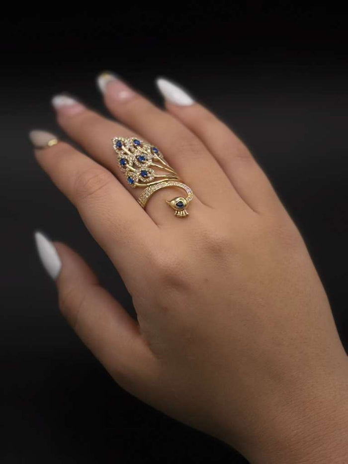 Title Anillo de Pavo Real en Oro 14k Sólido con Zirconias Azules
